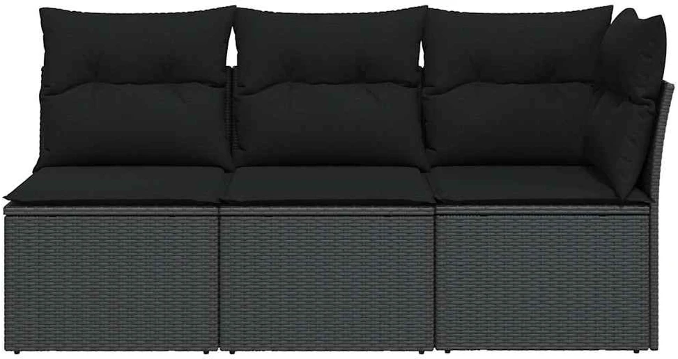 Trivietė sodo sofa su pagalvėlėmis, juodos spalvos, poliratanas