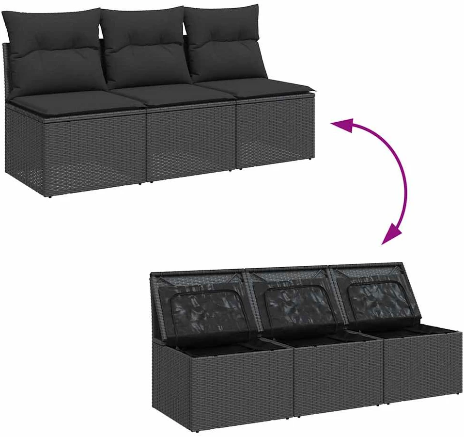 Trivietė sodo sofa su pagalvėlėmis, juodos spalvos, poliratanas