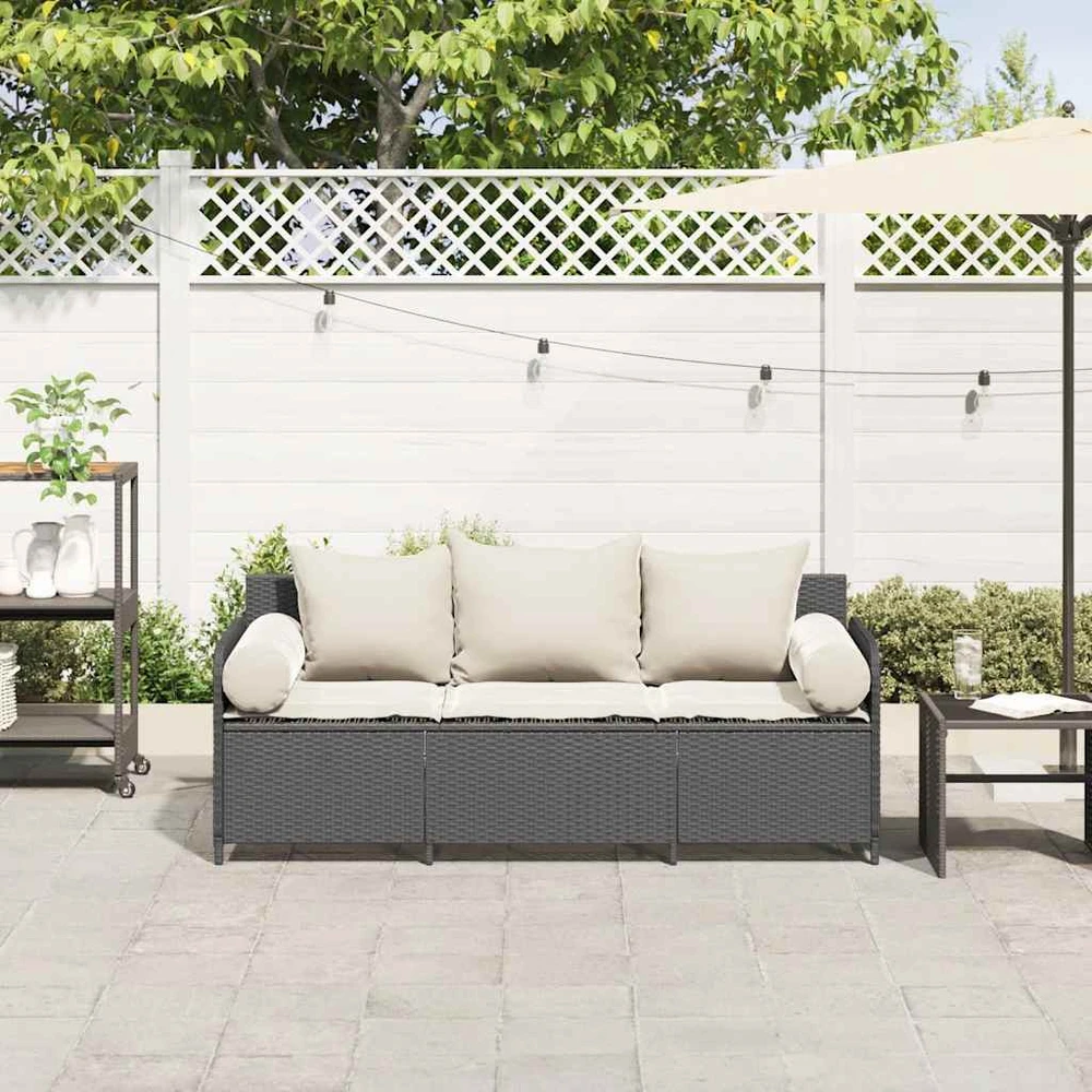 Sodo sofa su pagalvėlėmis, 3 sėdimos vietos, juodas, poliratanas