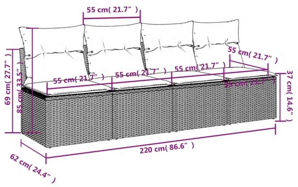 Sodo sofa su pagalvėlėmis, 4 sėdimos vietos, juodas, poliratanas