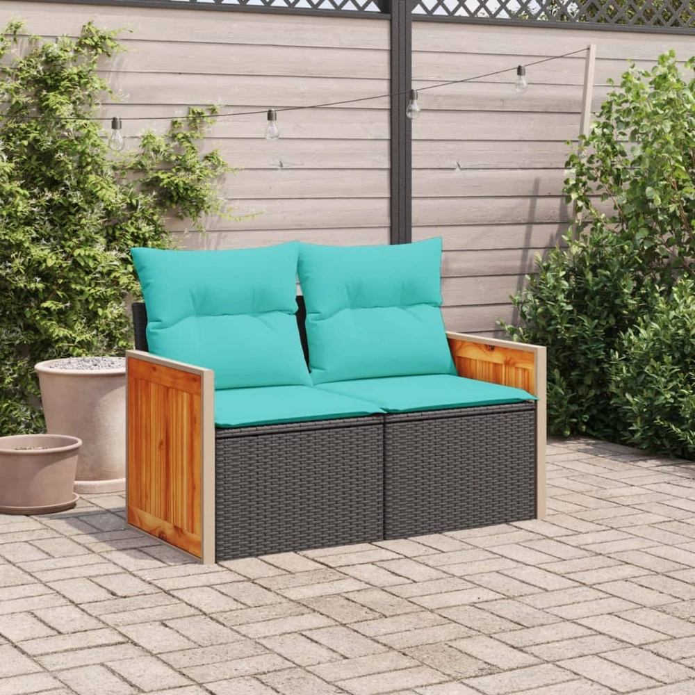 Sodo sofa su pagalvėlėmis, dvivietė, juoda, polirotangas