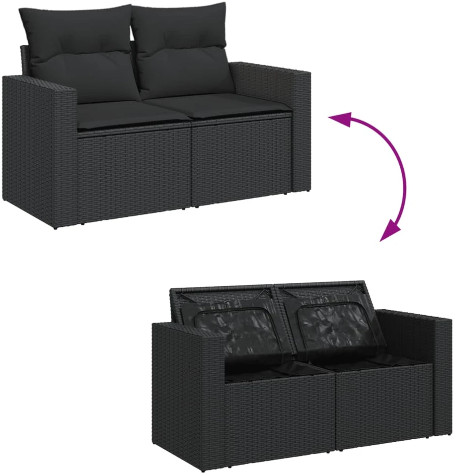 Dvivietė sodo sofa su pagalvėlėmis, juodos spalvos, poliratanas