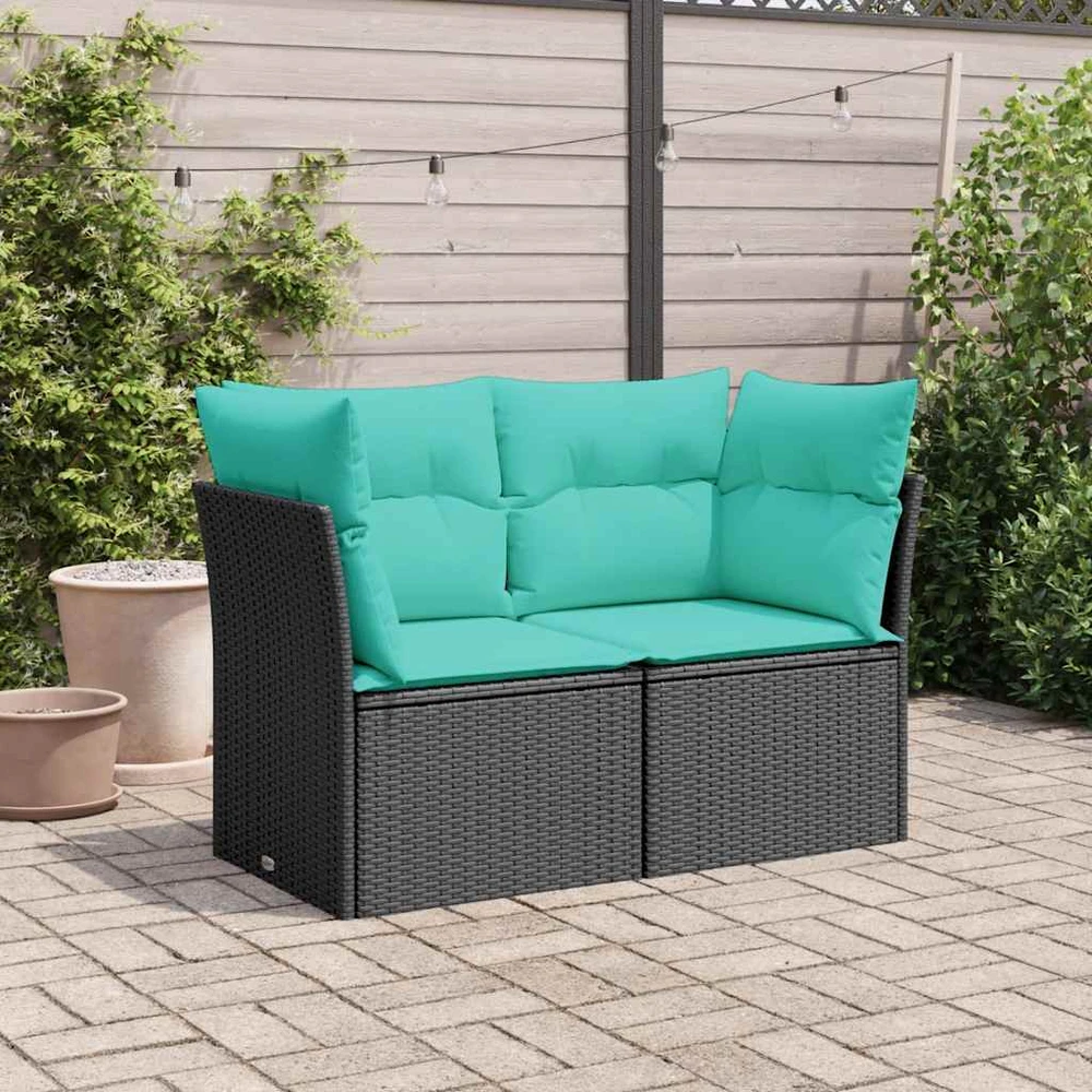 Sodo sofa su pagalvėlėmis, dvivietė, juoda, poliratanas