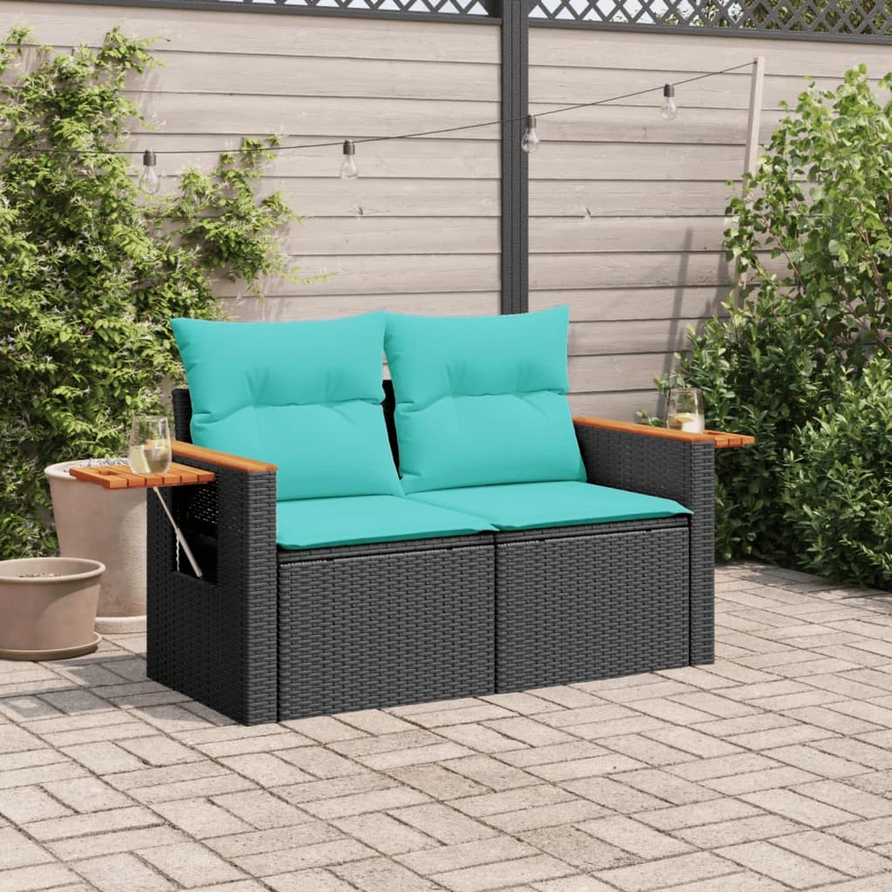 Sodo sofa su pagalvėlėmis, dvivietė, juoda, polirotangas