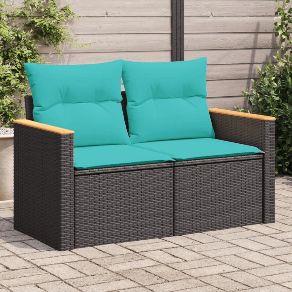 Sodo sofa su pagalvėlėmis, dvivietė, juoda, polirotangas
