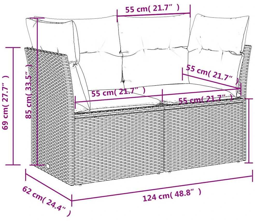 Dvivietė sodo sofa su pagalvėlėmis, juodos spalvos, poliratanas