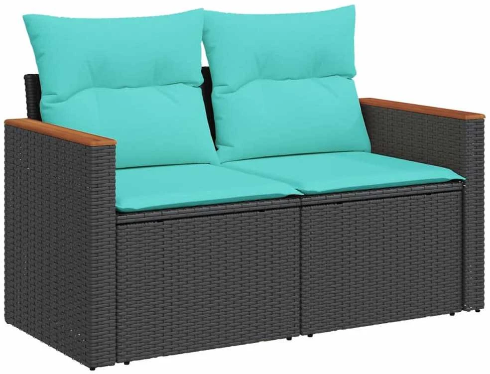Sodo sofa su pagalvėlėmis, dvivietė, juoda, polirotangas