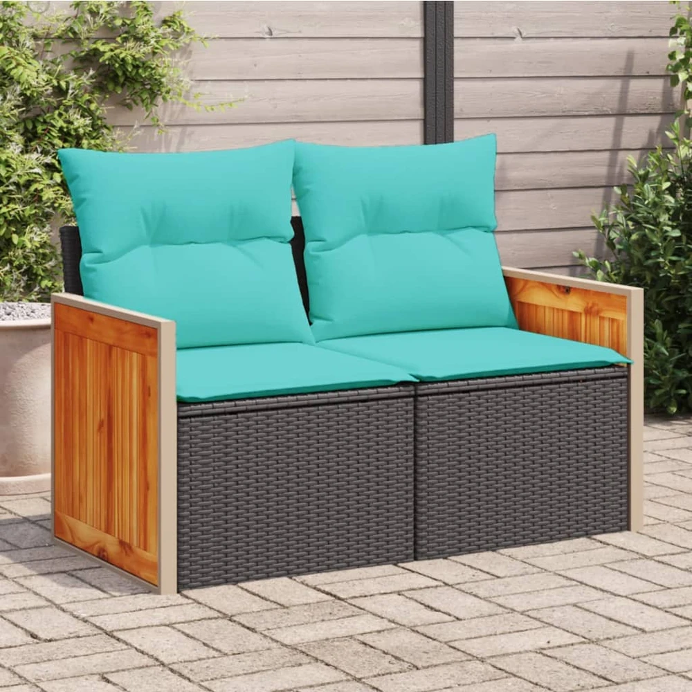Sodo sofa su pagalvėlėmis, dvivietė, juoda, polirotangas