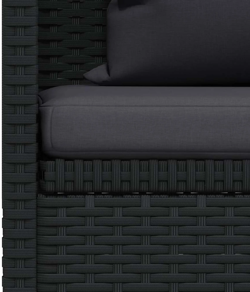 Sodo sofa su pagalvėlėmis ir pagalvėmis, juoda, poliratanas