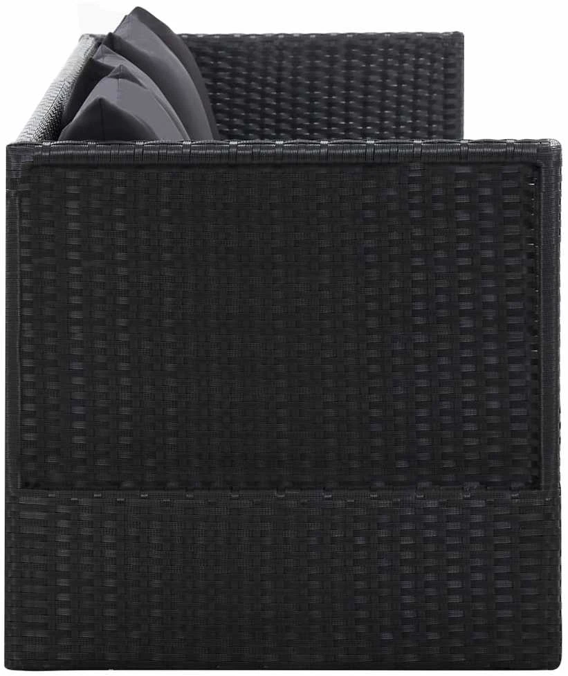 Sodo sofa su pagalvėlėmis ir pagalvėmis, juoda, poliratanas