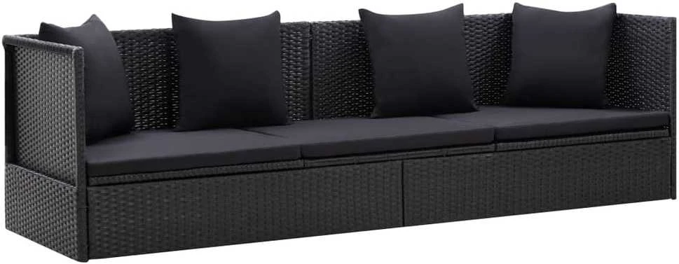 Sodo sofa su pagalvėlėmis ir pagalvėmis, juoda, poliratanas