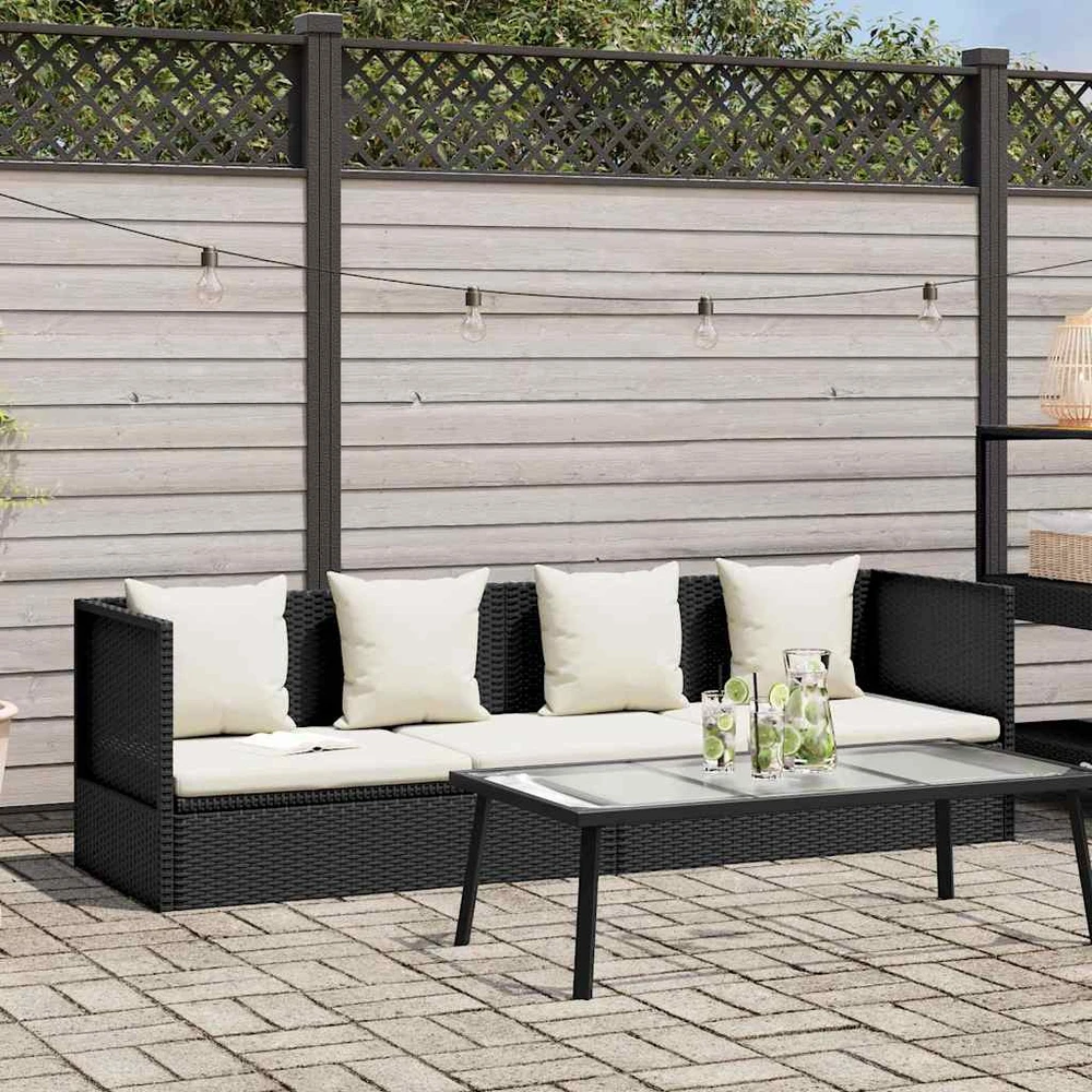 Sodo sofa su pagalvėlėmis ir pagalvėmis, juoda, poliratanas