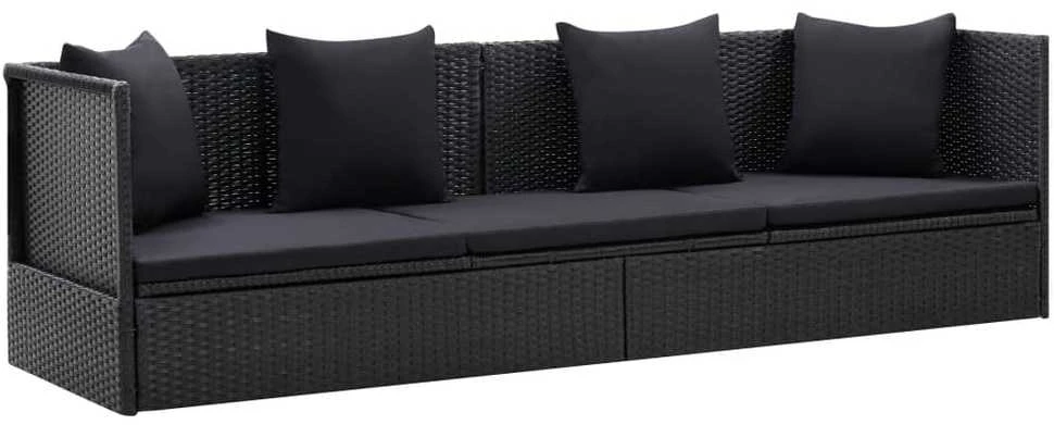 Sodo sofa su pagalvėlėmis ir pagalvėmis, juoda, poliratanas