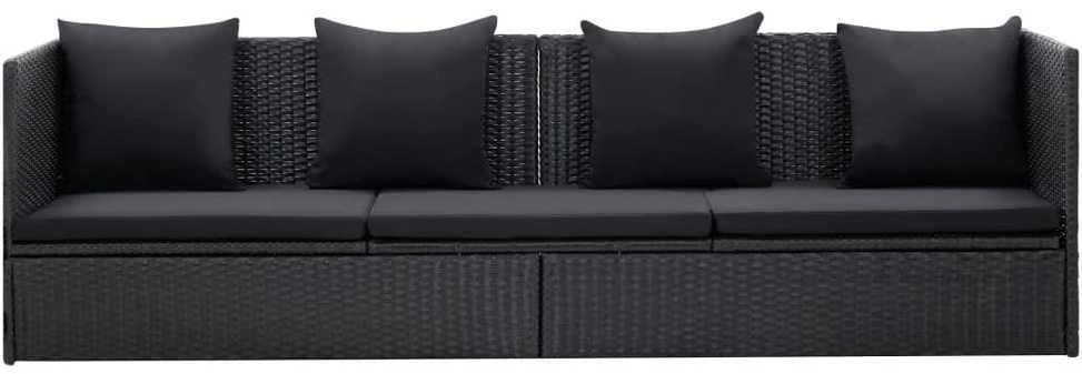 Sodo sofa su pagalvėlėmis ir pagalvėmis, juoda, poliratanas