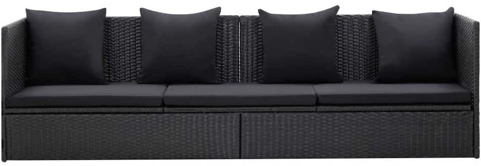 Sodo sofa su pagalvėlėmis ir pagalvėmis, juoda, poliratanas