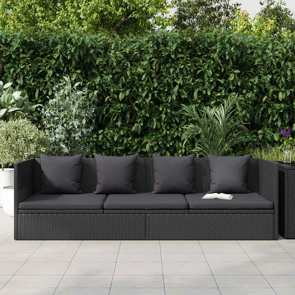 Sodo sofa su pagalvėlėmis ir pagalvėmis, juoda, poliratanas