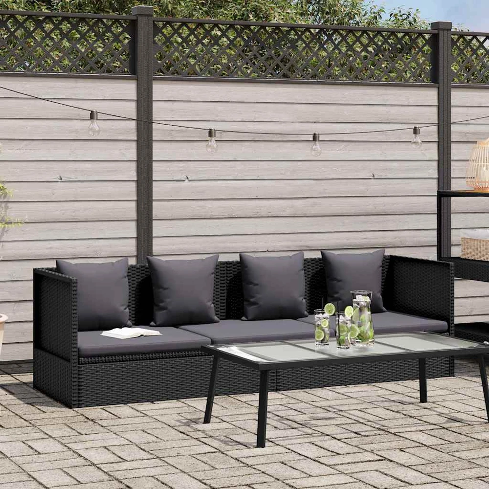 Sodo sofa su pagalvėlėmis ir pagalvėmis, juoda, poliratanas