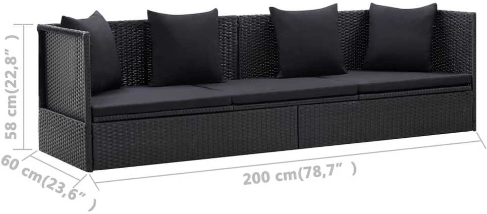 Sodo sofa su pagalvėlėmis ir pagalvėmis, juoda, poliratanas