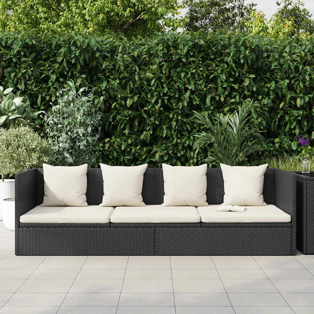 Sodo sofa su pagalvėlėmis ir pagalvėmis, juoda, poliratanas