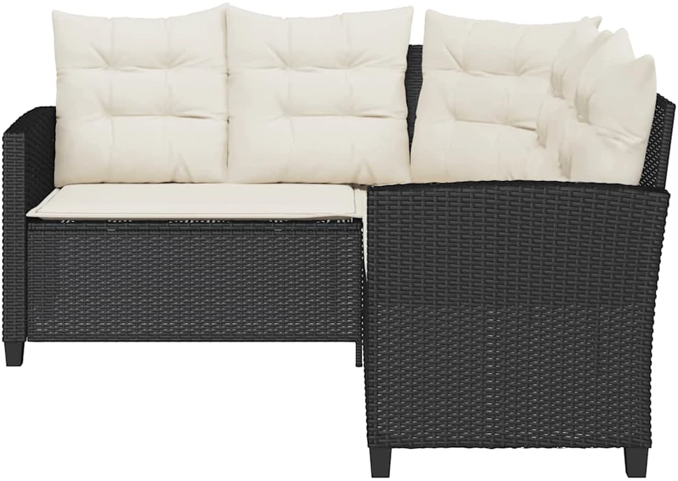 Sodo sofa su stalu ir pagalvėlėmis, L formos, juodas, poliratanas