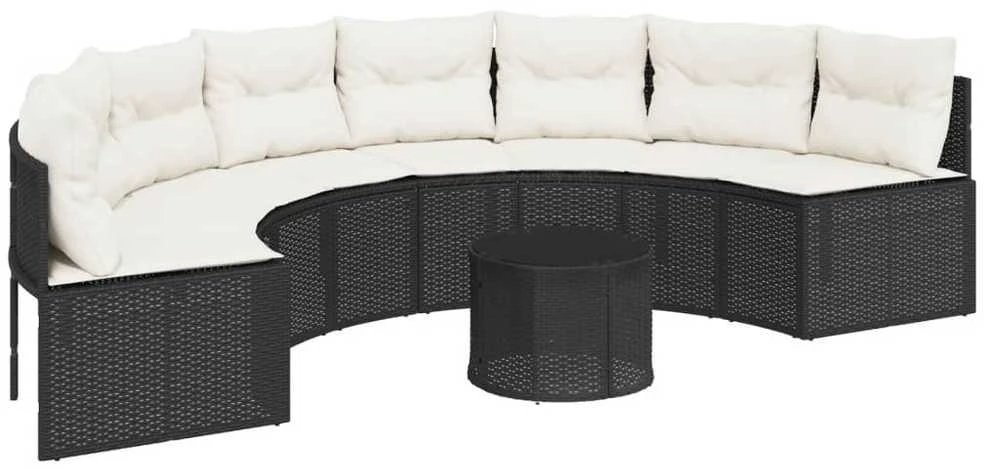 Sodo sofa su stalu/pagalvėlėmis, juoda, poliratanas, pusapvalė