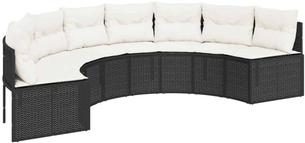 Sodo sofa su stalu/pagalvėlėmis, juoda, poliratanas, pusapvalė