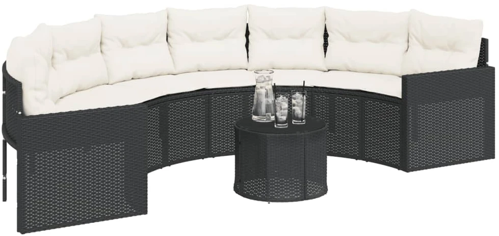 Sodo sofa su stalu/pagalvėlėmis, juoda, poliratanas, pusapvalė