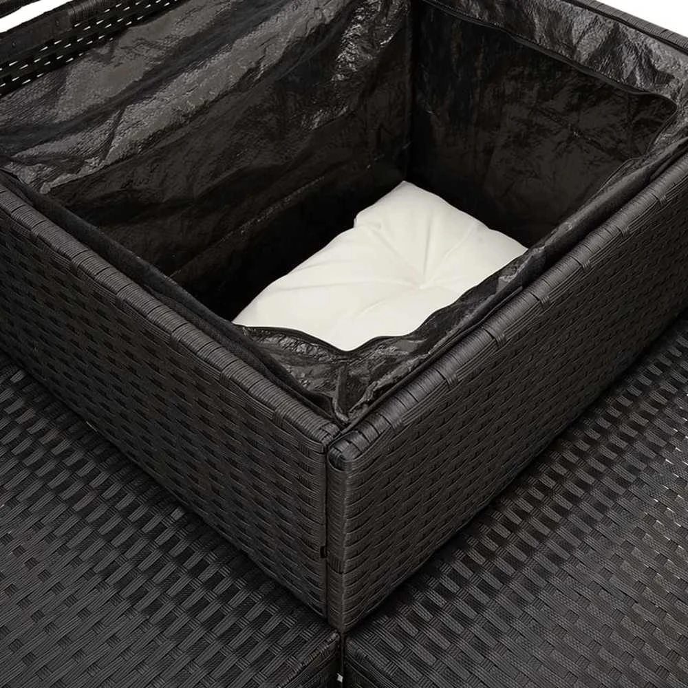Sodo sofa su stalu/pagalvėlėmis, juoda, poliratanas, L formos