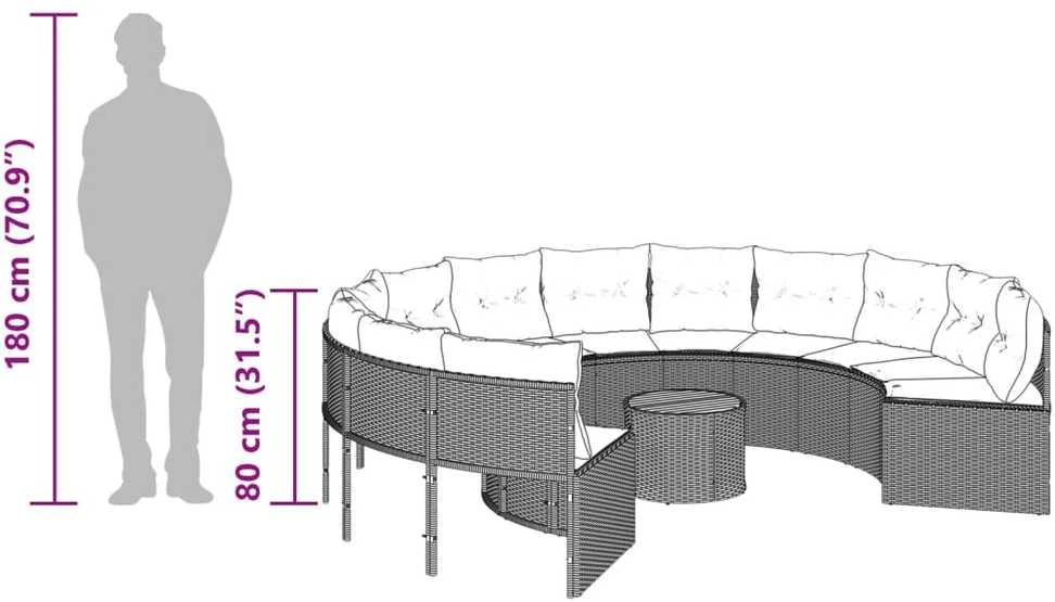 Sodo sofa su stalu/pagalvėlėmis, juoda, poliratanas, apvali