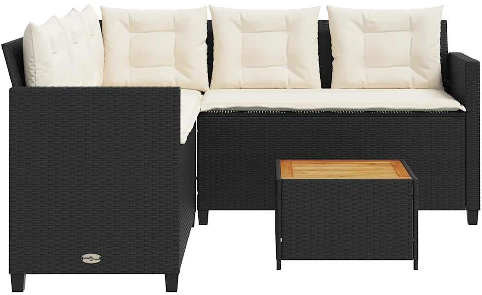Sodo sofa su stalu/pagalvėlėmis, juoda, poliratanas, L formos