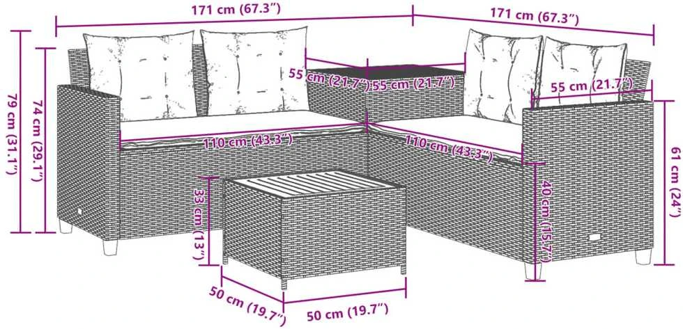 Sodo sofa su stalu/pagalvėlėmis, juoda, poliratanas, L formos