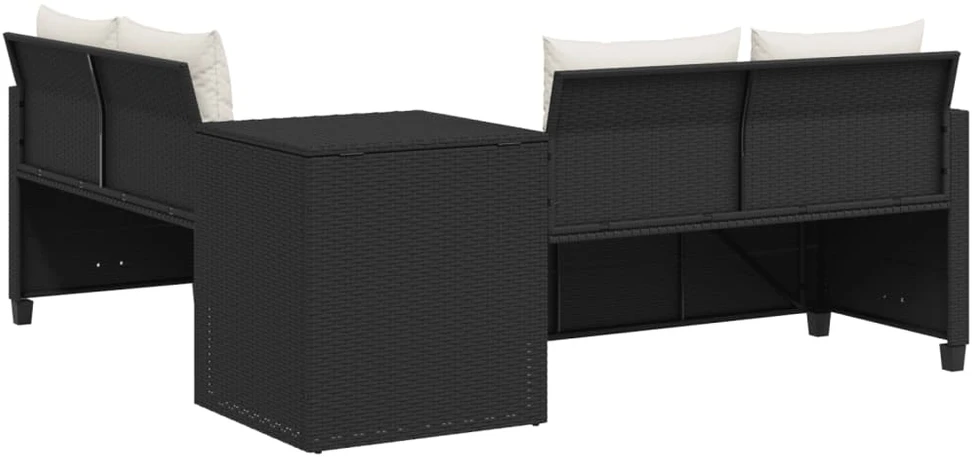 Sodo sofa su stalu/pagalvėlėmis, juoda, poliratanas, L formos