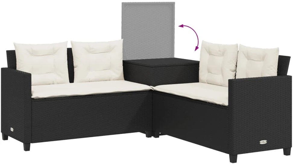 Sodo sofa su stalu/pagalvėlėmis, juoda, poliratanas, L formos