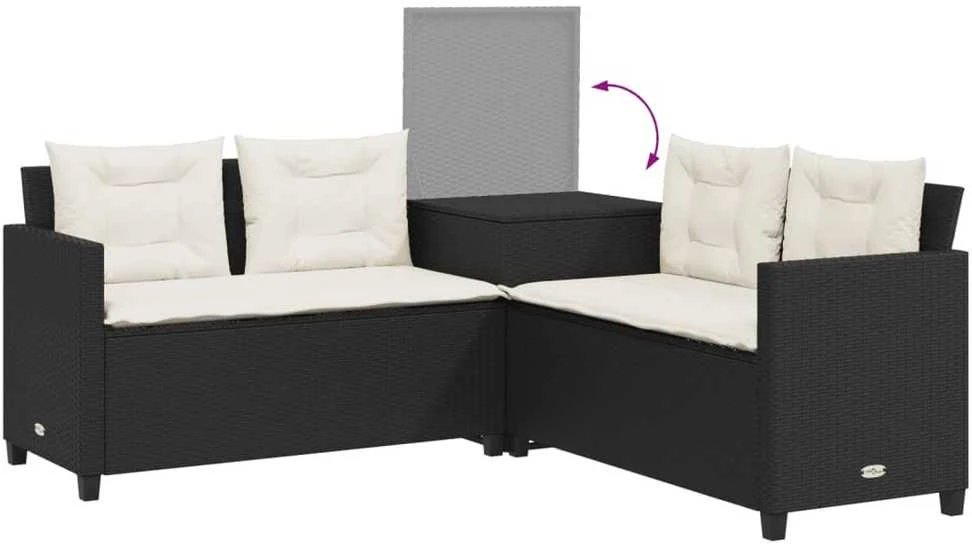 Sodo sofa su stalu/pagalvėlėmis, juoda, poliratanas, L formos
