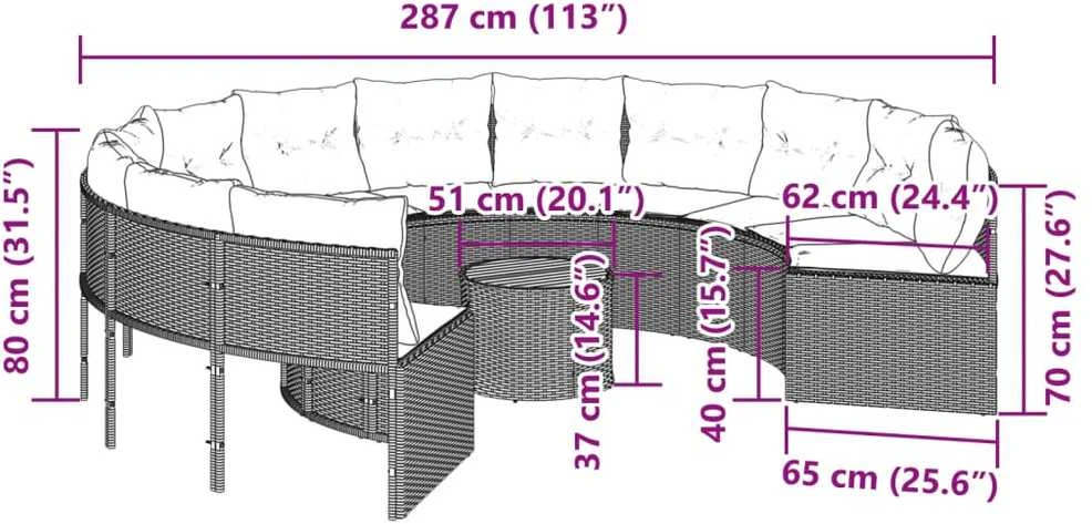 Sodo sofa su stalu/pagalvėlėmis, juoda, poliratanas, apvali