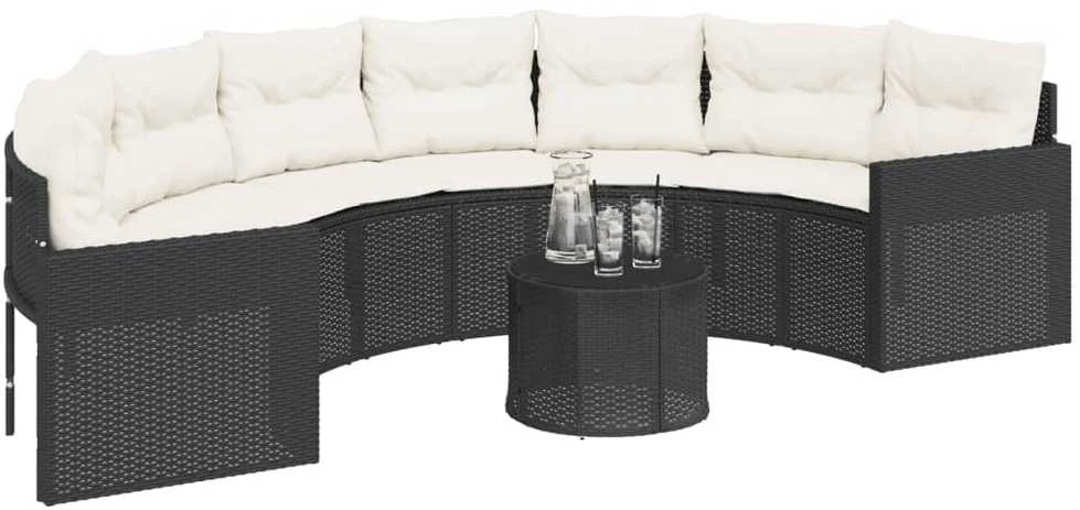 Sodo sofa su stalu/pagalvėlėmis, juoda, poliratanas, pusapvalė