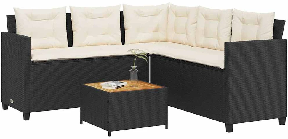 Sodo sofa su stalu/pagalvėlėmis, juoda, poliratanas, L formos