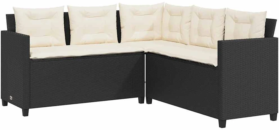 Sodo sofa su stalu/pagalvėlėmis, juoda, poliratanas, L formos