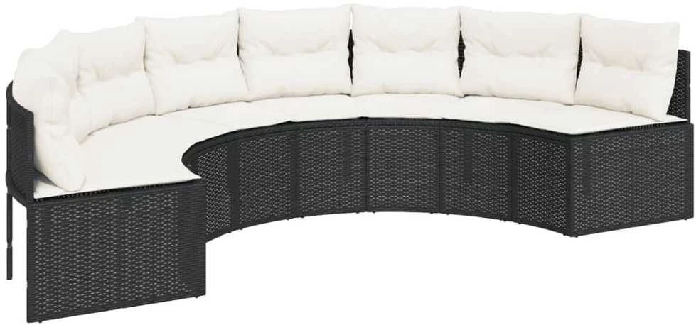 Sodo sofa su stalu/pagalvėlėmis, juoda, poliratanas, pusapvalė