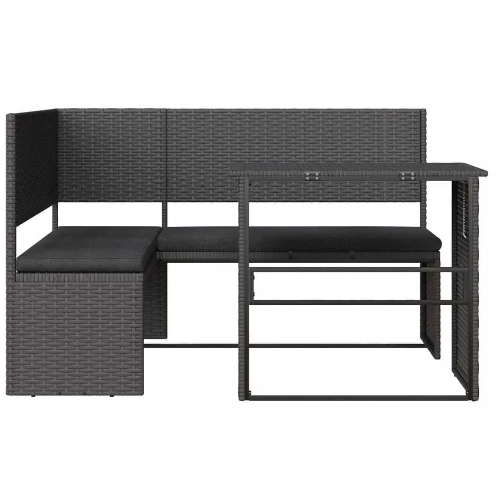Sodo sofa su stalu/pagalvėlėmis, juoda, poliratanas, L formos