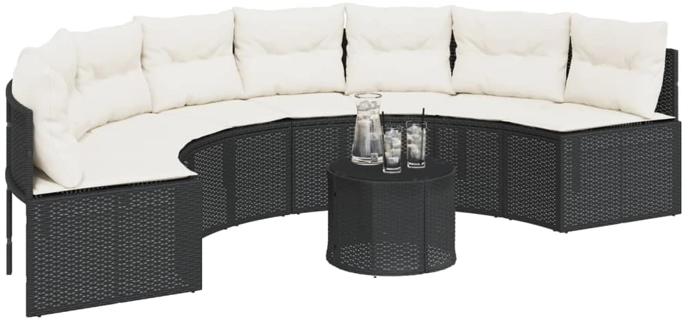 Sodo sofa su stalu/pagalvėlėmis, juoda, poliratanas, pusapvalė