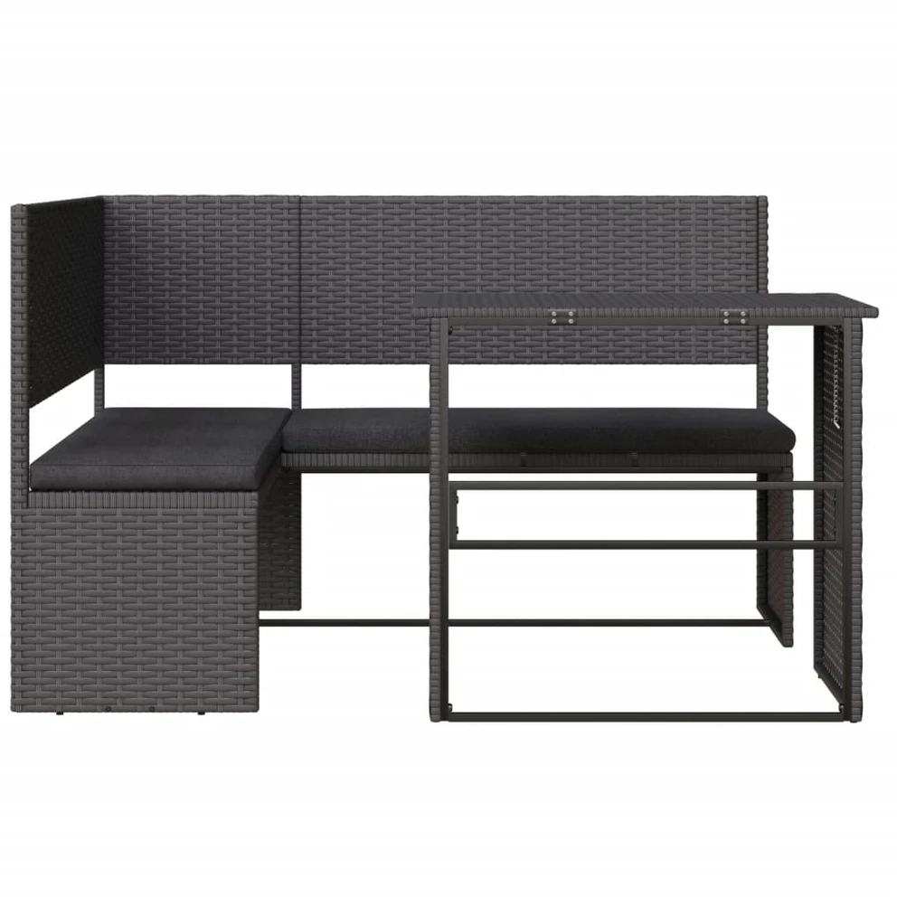 Sodo sofa su stalu/pagalvėlėmis, juoda, poliratanas, L formos