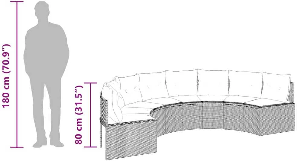 Sodo sofa su stalu/pagalvėlėmis, juoda, poliratanas, pusapvalė