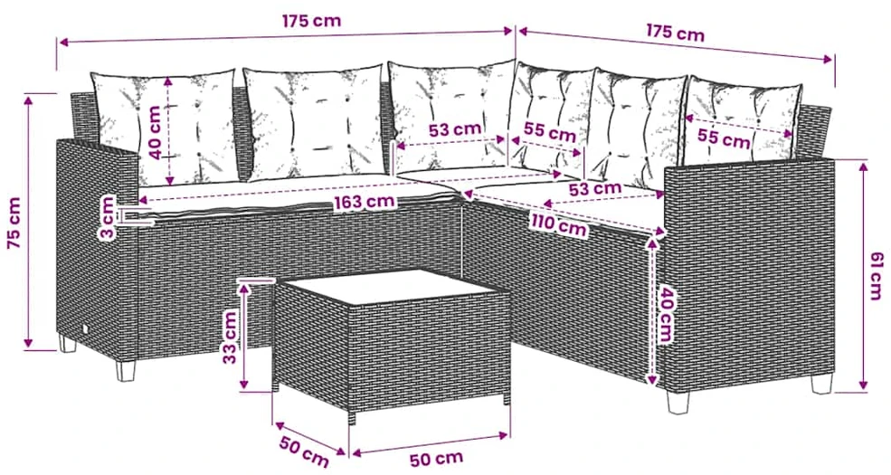 Sodo sofa su stalu/pagalvėlėmis, juoda, poliratanas, L formos