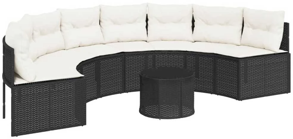 Sodo sofa su stalu/pagalvėlėmis, juoda, poliratanas, pusapvalė