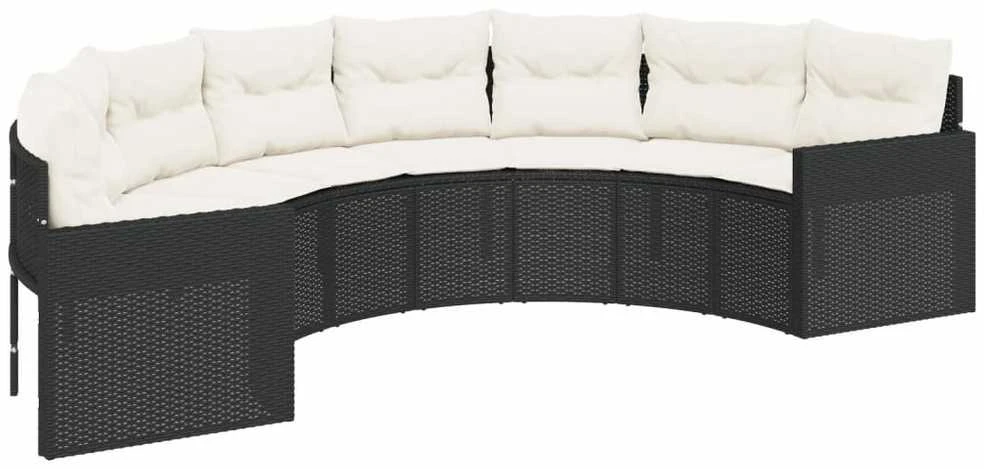 Sodo sofa su stalu/pagalvėlėmis, juoda, poliratanas, pusapvalė