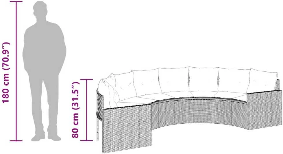 Sodo sofa su stalu/pagalvėlėmis, juoda, poliratanas, pusapvalė