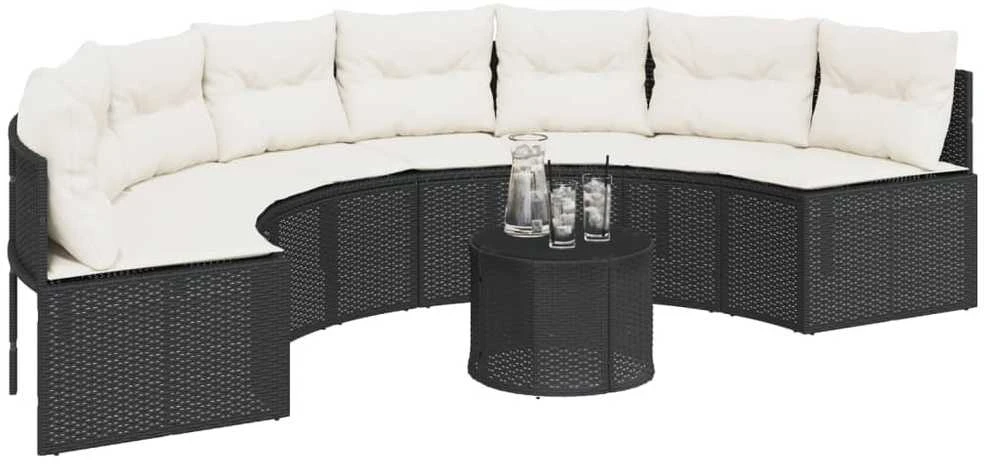 Sodo sofa su stalu/pagalvėlėmis, juoda, poliratanas, pusapvalė