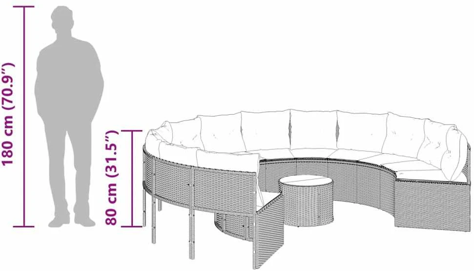 Sodo sofa su stalu/pagalvėlėmis, juoda, poliratanas, apvali