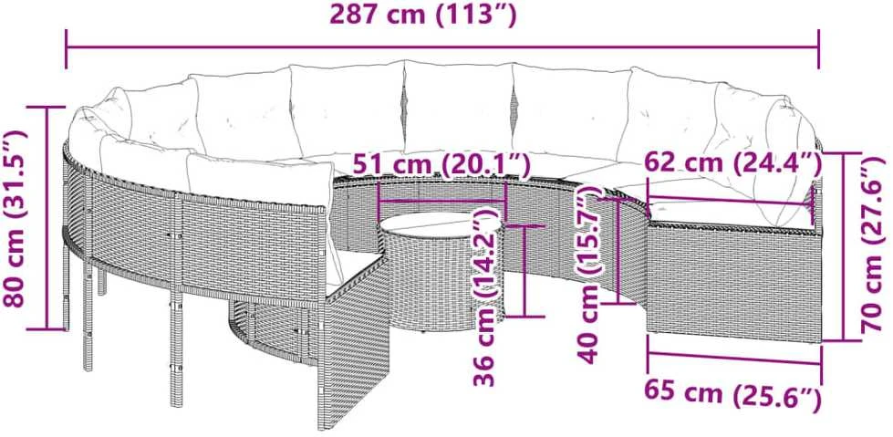 Sodo sofa su stalu/pagalvėlėmis, pilka, poliratanas, apvali